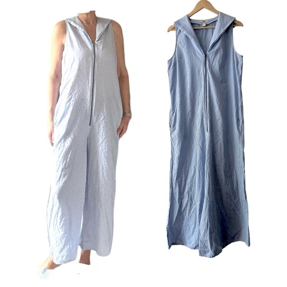 Light blue romper jumpsuit loose fitting front zipper casual wide leg size large - Picture 1 of 4
